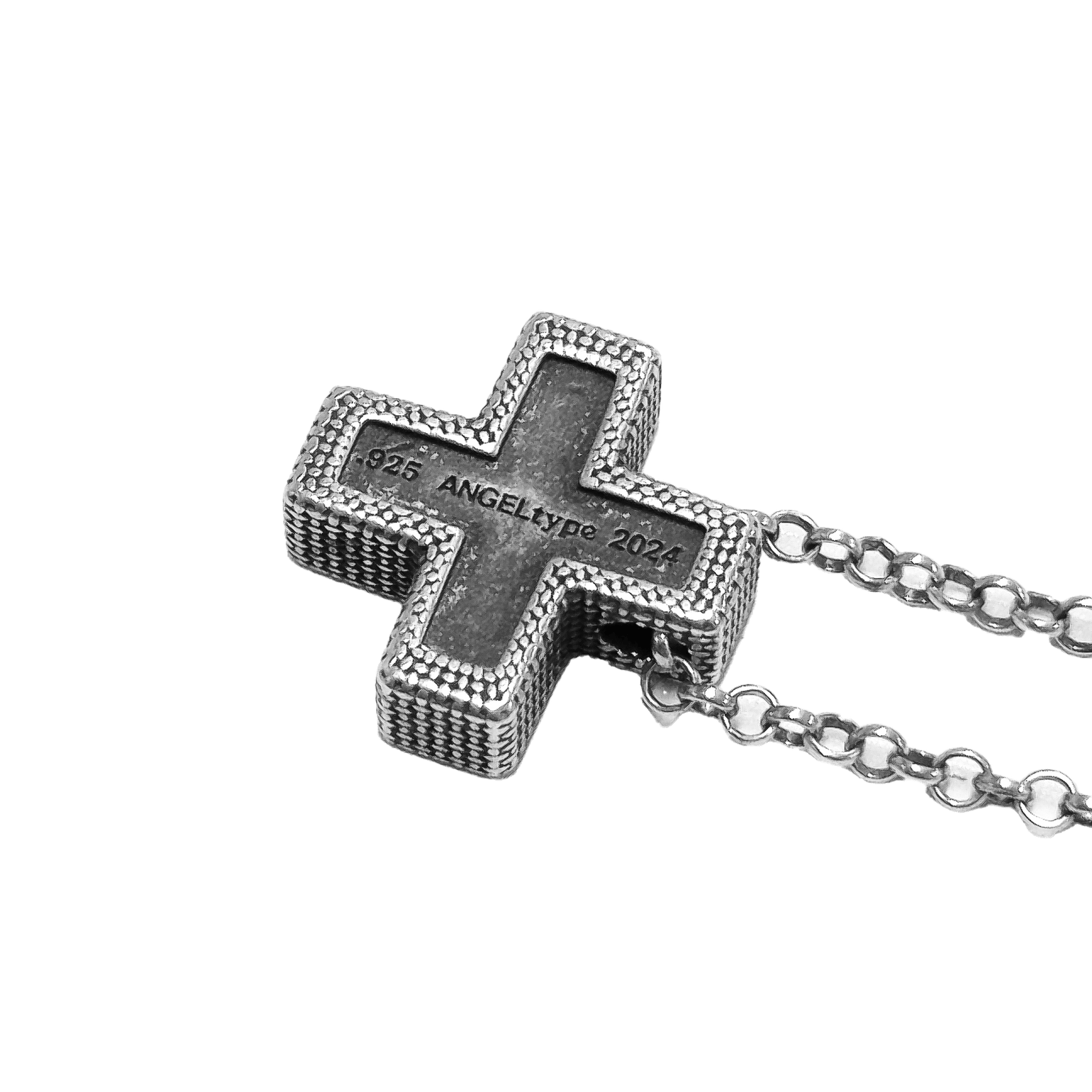 Close-up of chainmail texture on ANGELtype .925 Sterling Silver Plus Pendant