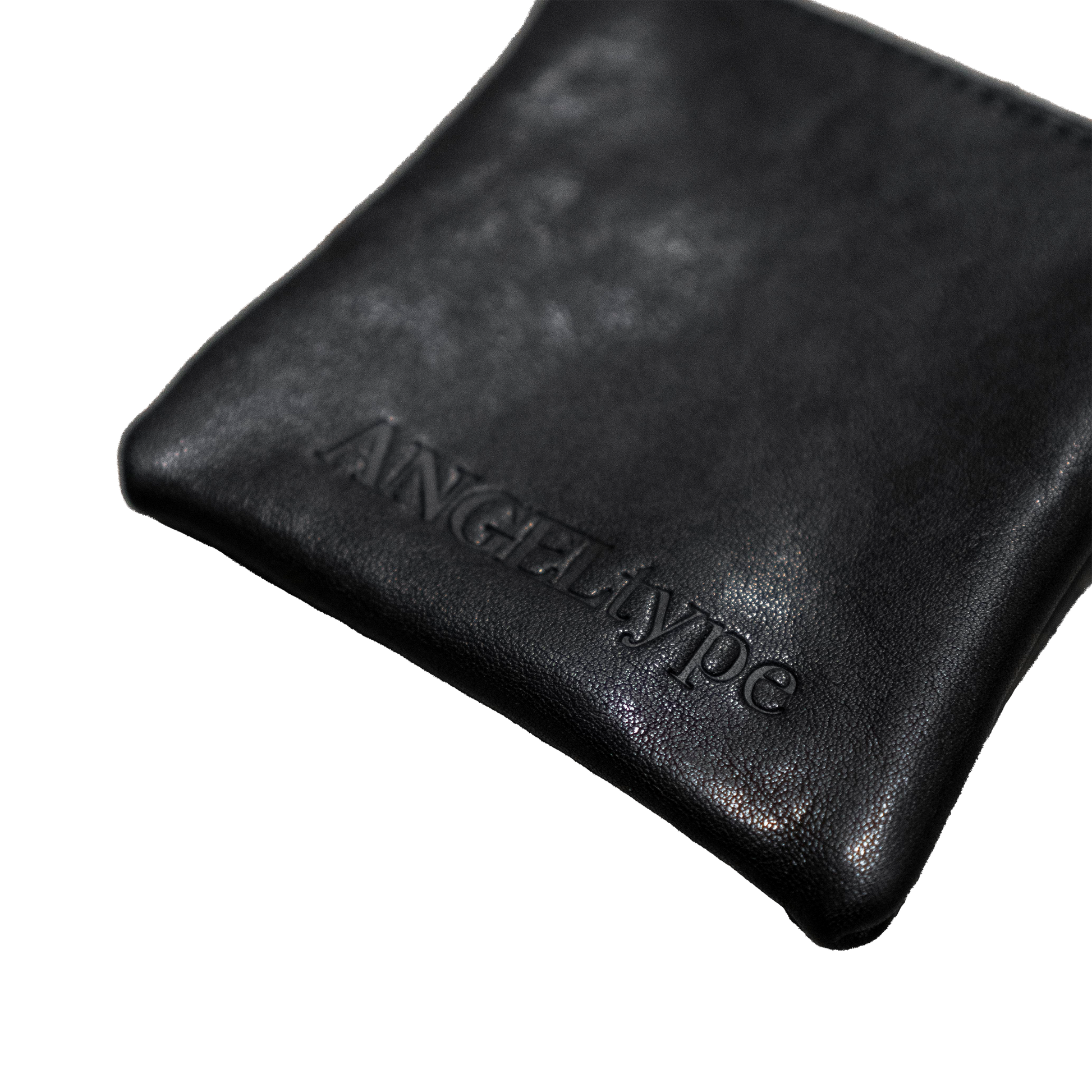 ANGELtype Leather Jewelry Pouch v3 logo detail – Debossed ANGELtype Wordmark Cow Leather