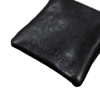 ANGELtype Leather Jewelry Pouch v3 logo detail – Debossed ANGELtype Wordmark Cow Leather