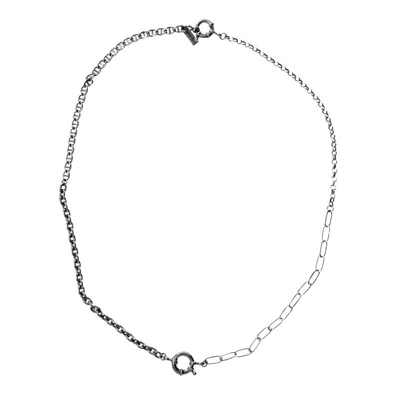 ANGELtype LANGE Boro Necklace flat lay – .925 Sterling Silver Four Chain Modular Necklace