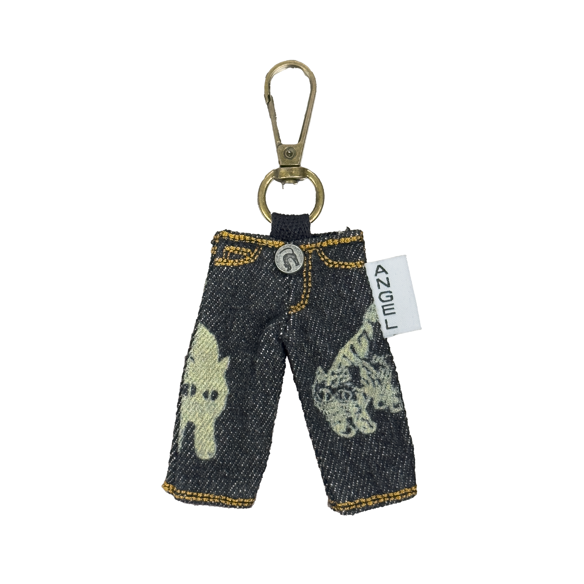 ANGELtype Catvisu Keychain front – Handmade Mini Denim Keychain Los Angeles